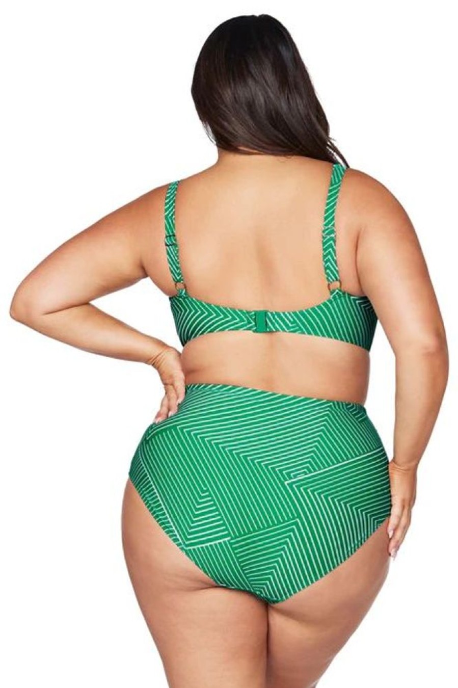 Women ARTESANDS Bottoms | Artesands- Women'S Linear Perspective High Waist Swim Bottom Green