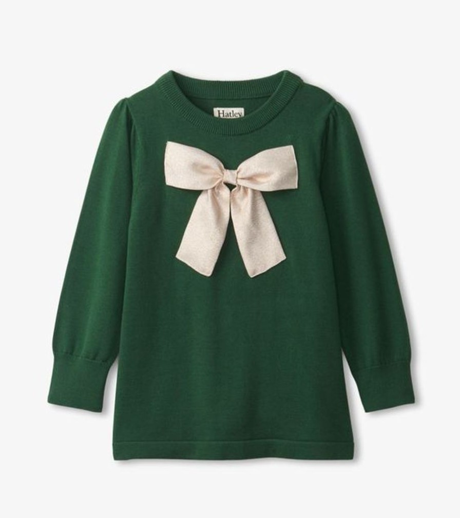 Kid HATLEY Tops | Hatley- Girls Golden Bow Sweater Tunic Green