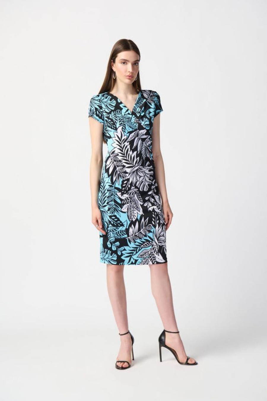 Women JOSEPH RIBKOFF Dresses | Joseph Ribkoff- Leaf Print Wrap Front Dress Black Multi