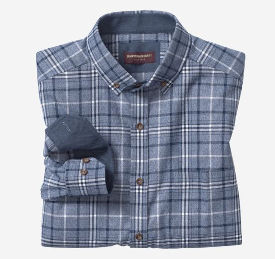 Men JOHNSTON & MURPHY Tops | Johnston & Murphy- Men'S Brushed Heathered Woven Shirt Navy Plaid