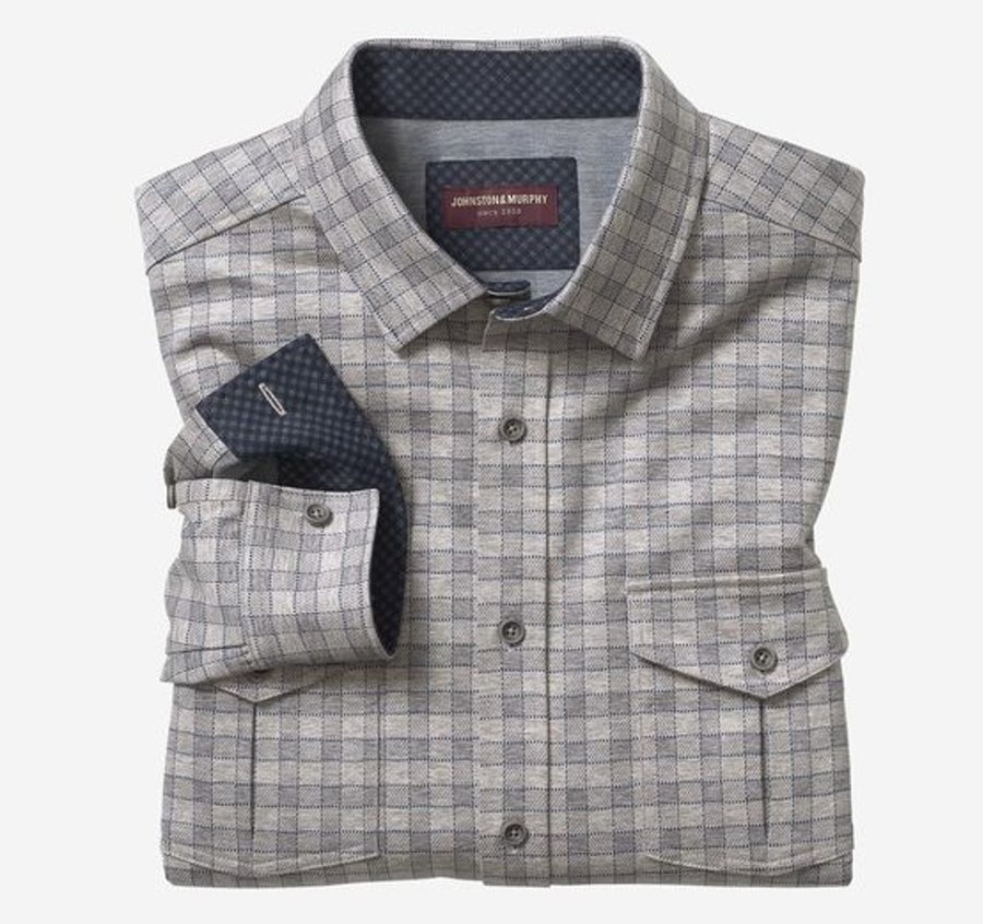 Men JOHNSTON & MURPHY Tops | Johnston & Murphy- Button Front Knit Shirt Light Grey