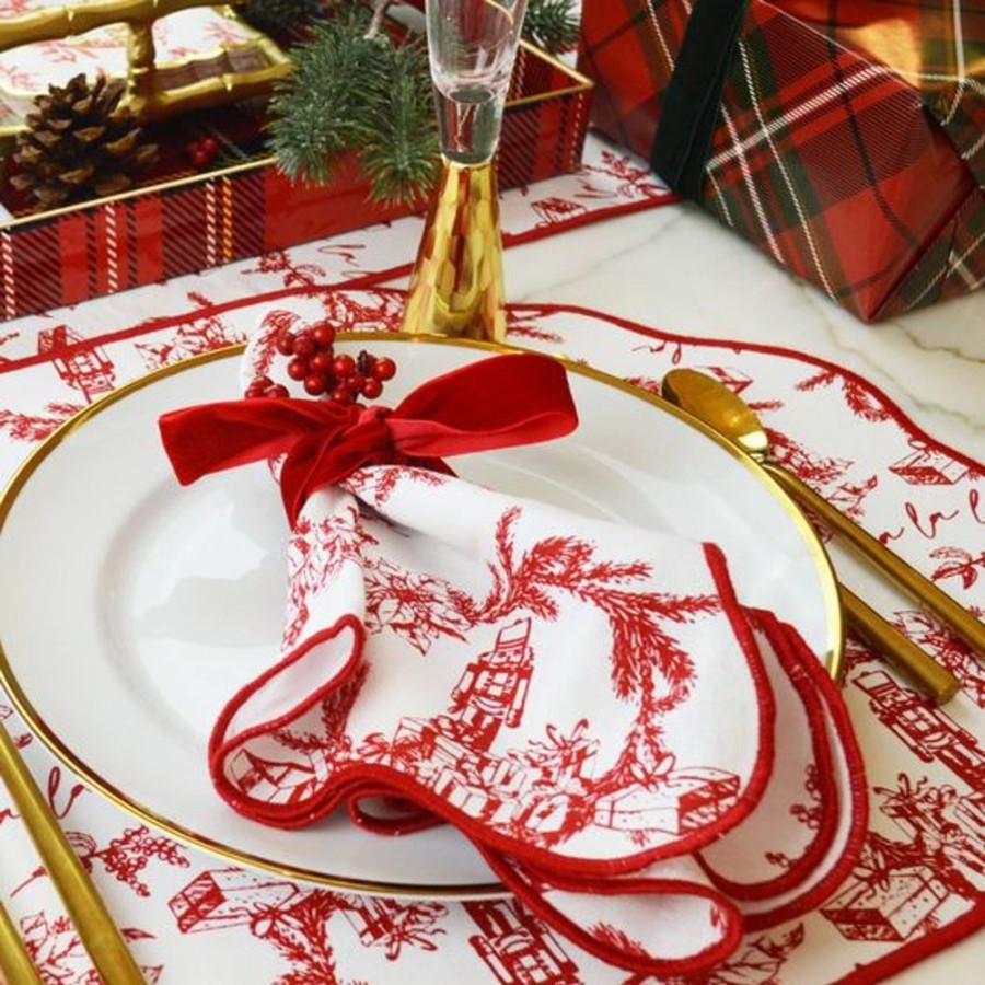 Cottage Kitchen 8 OAK LANE Napkins | 8 Oak Lane- Holiday Red Toile Scalloped Napkins