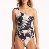 Women SEA LEVEL One Piece | Sea Level- Ladies Martini Wide Strap Diagonal One Piece Black