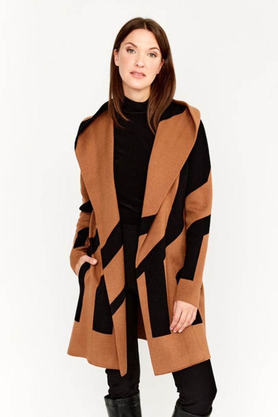 Women FRANK LYMAN Coats & Jackets | Frank Lyman- Geometric Band Cardigan Brown-Black