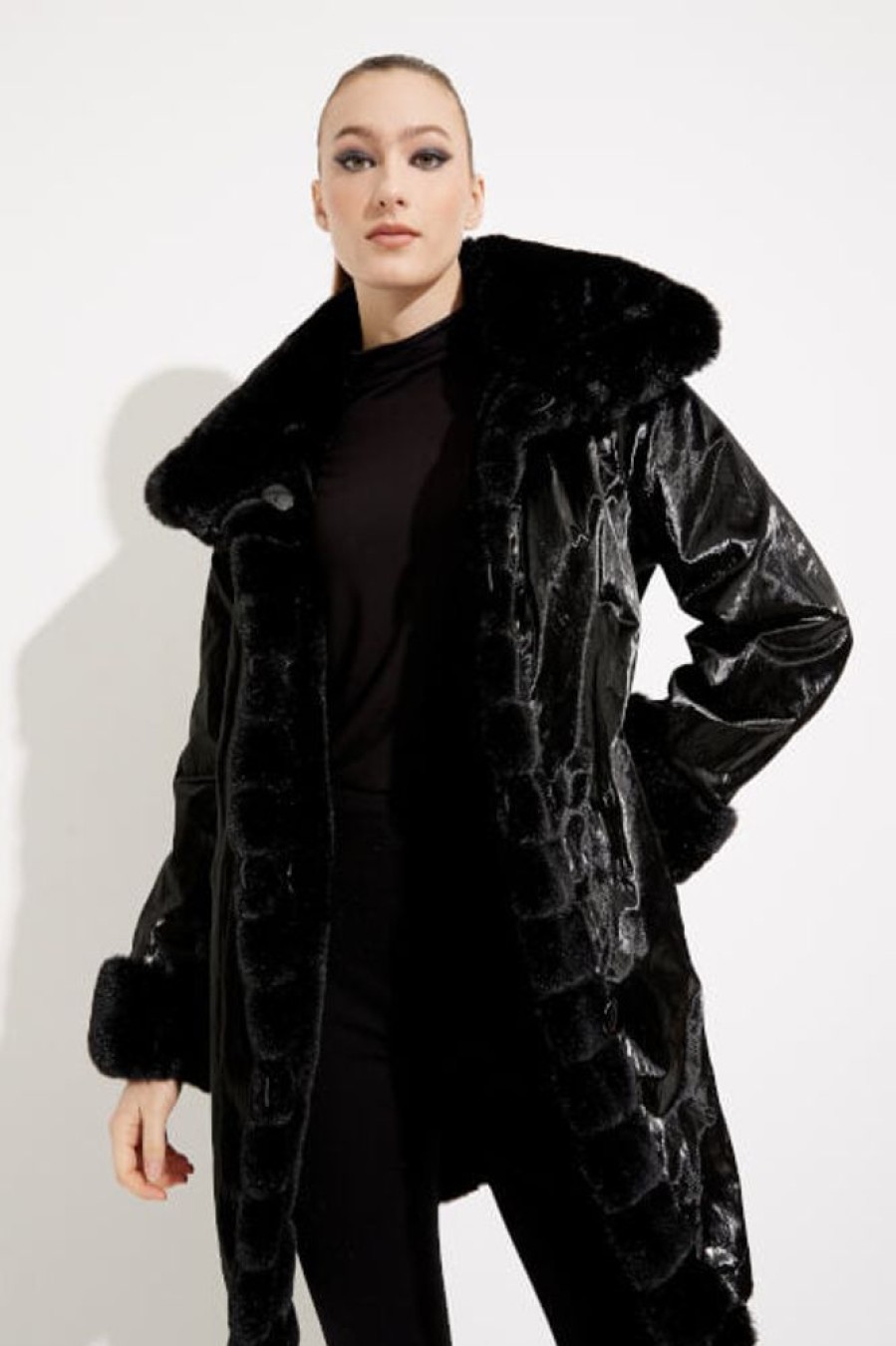 Women JOSEPH RIBKOFF Coats & Jackets | Joseph Ribkoff- Faux Fur Coat Black