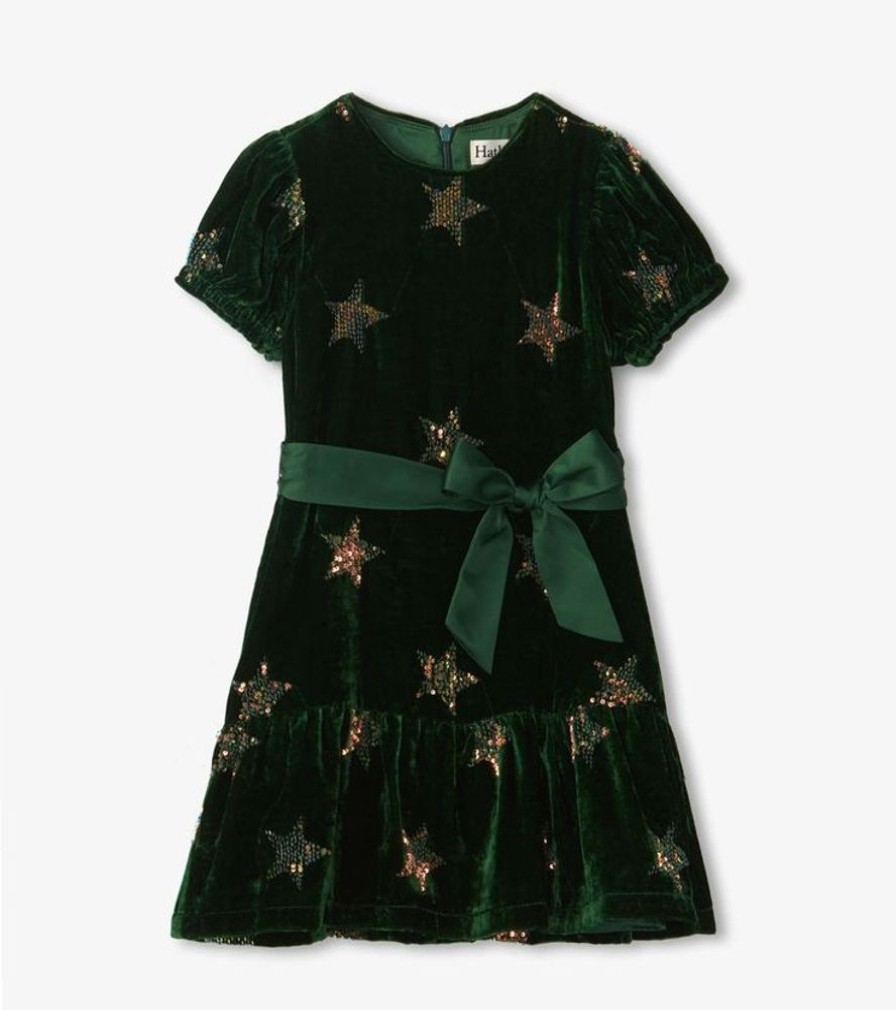 Kid HATLEY Dresses & Rompers | Hatley- Kids Green Sequin Velvet Dress Gold Star