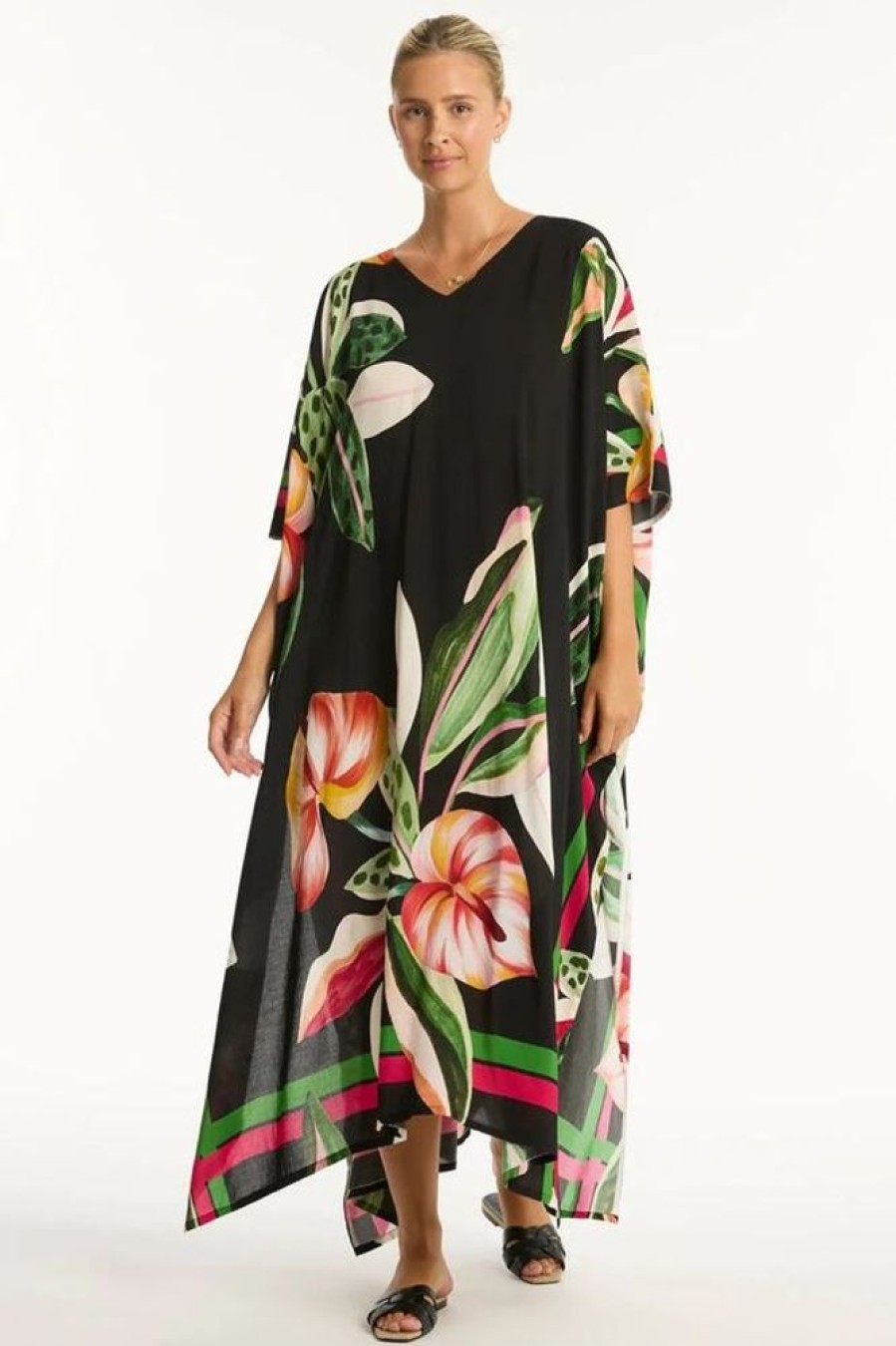 Women SEA LEVEL Cover-Ups | Sea Level- Ladies Sundown Maxi Kaftan Black Floral