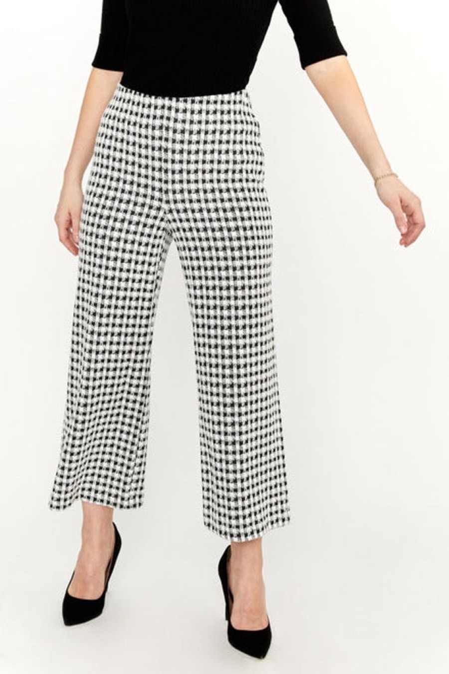 Women FRANK LYMAN Bottoms | Frank Lyman- Houndstooth Wide Leg Pant Black-White