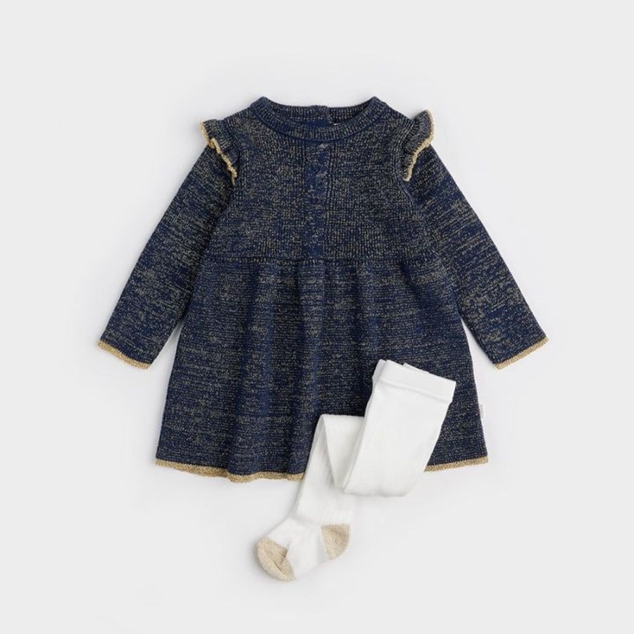 Kid PETIT LEM Dresses & Rompers | Petit Lem- Baby Golden Stars Blue Sweater Knit Dress Set Navy