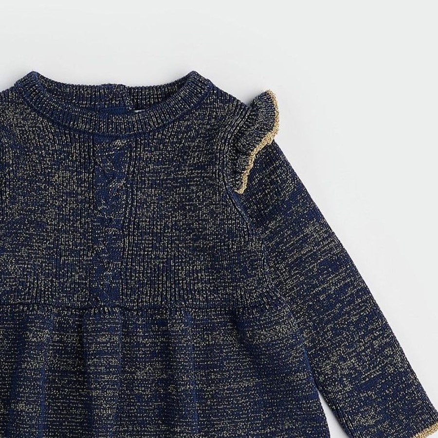 Kid PETIT LEM Dresses & Rompers | Petit Lem- Baby Golden Stars Blue Sweater Knit Dress Set Navy