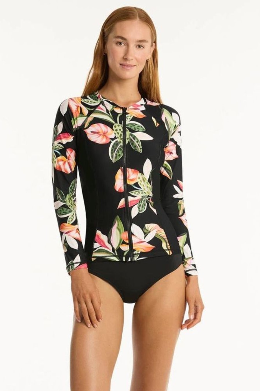 Women SEA LEVEL Tops | Sea Level- Ladies Sundown Long Sleeve Rash Vest Black Floral