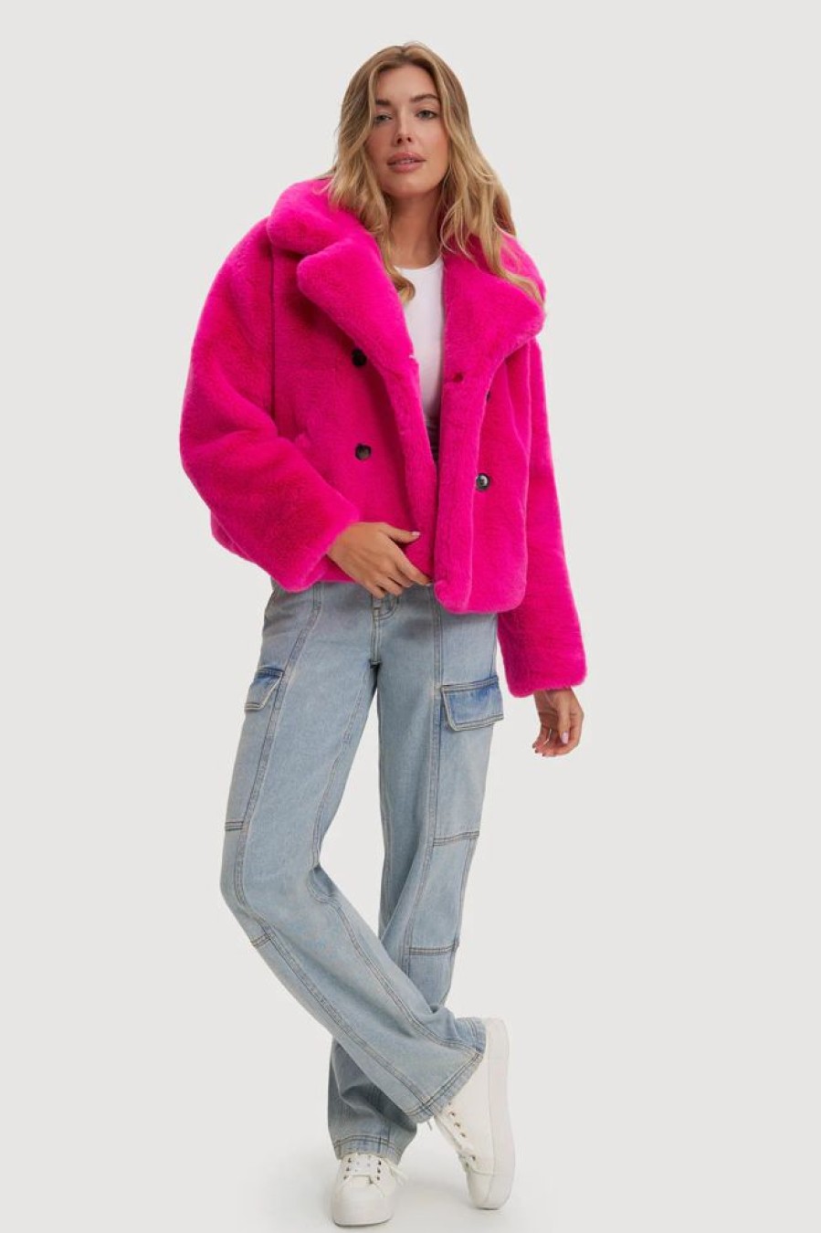 Women NOIZE Coats & Jackets | Noize- Loretta Cropped Vegan Fur Coat Hot Pink