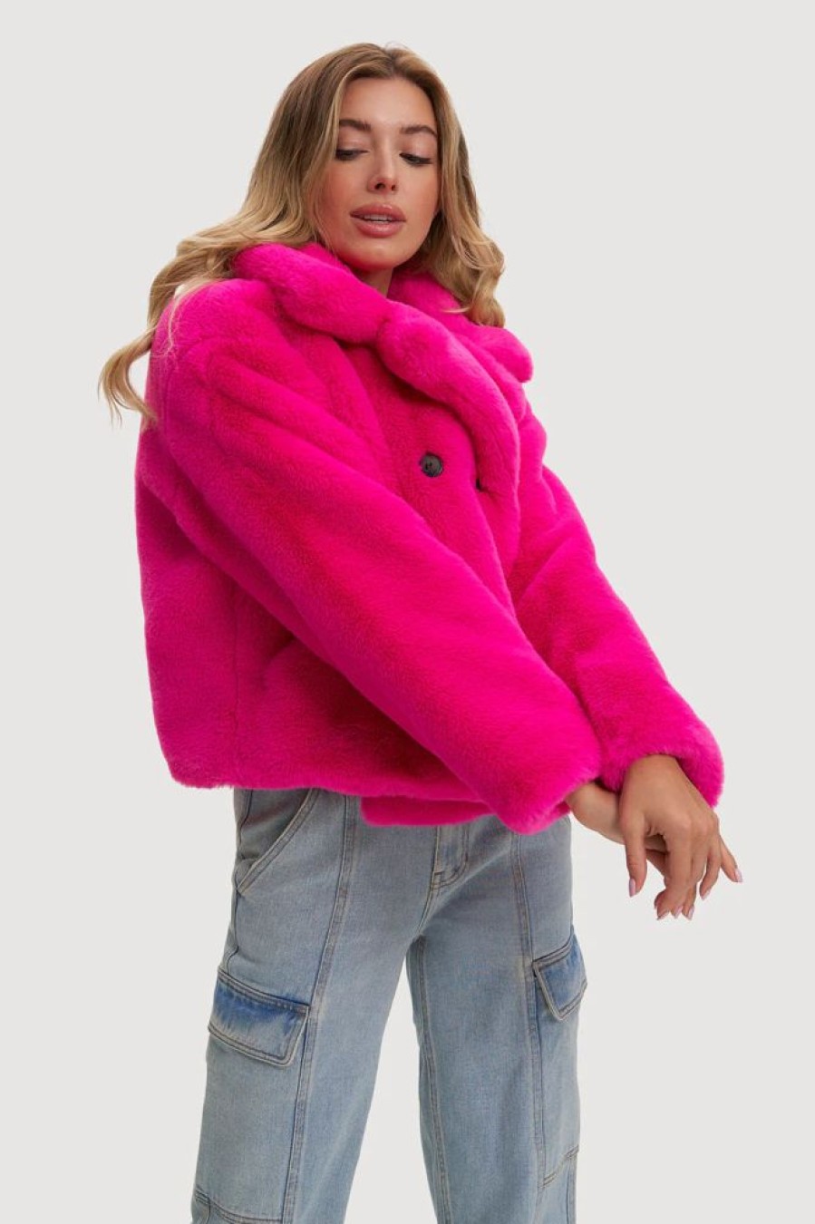 Women NOIZE Coats & Jackets | Noize- Loretta Cropped Vegan Fur Coat Hot Pink