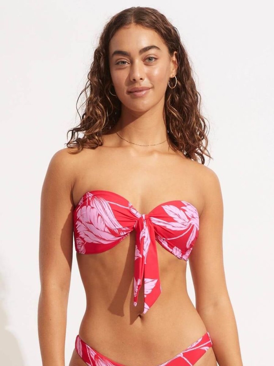 Women SEAFOLLY Tops | Seafolly- Ladies Fleur De Bloom Twist Tie Front Bandeau Chilli Red