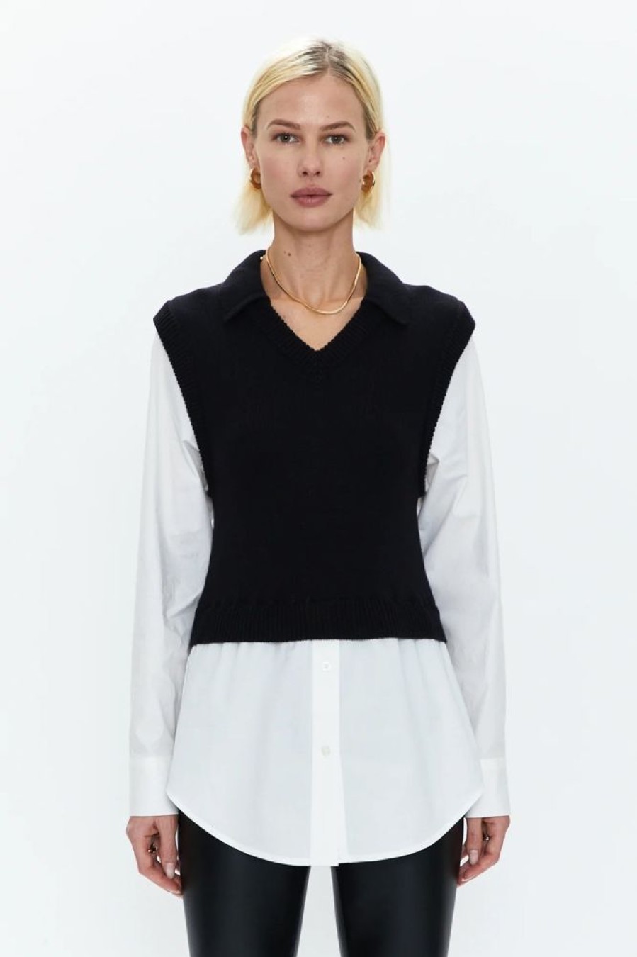 Women PISTOLA Tops | Pistola- Sweater Vest Shirt Black-White