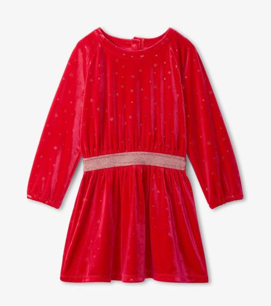 Kid HATLEY Dresses & Rompers | Hatley- Girls Holiday Stars Crushed Velour Dress Chex Red