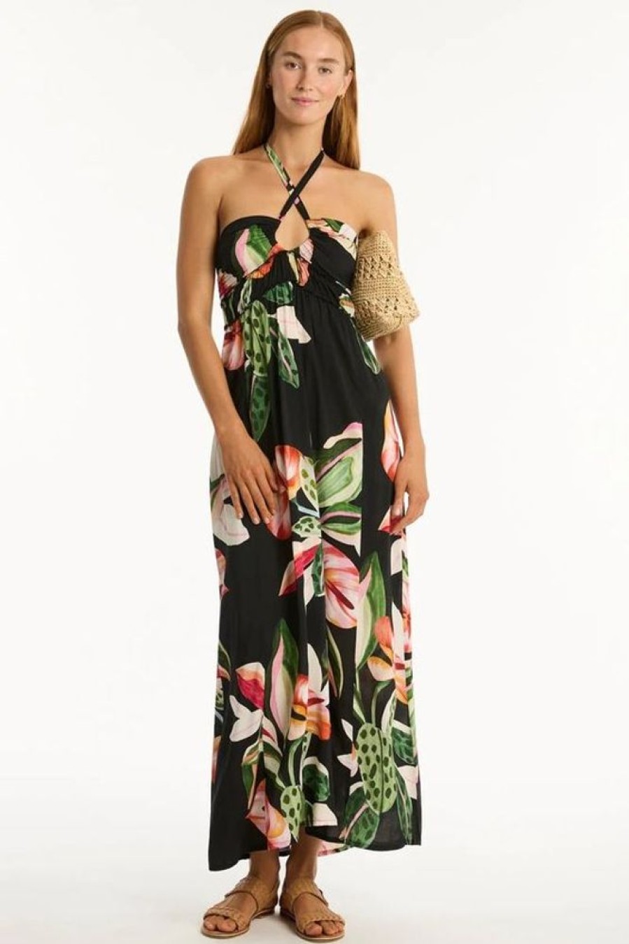 Women SEA LEVEL Cover-Ups | Sea Level- Ladies Sundown Halter Bandeau Dress Black Floral