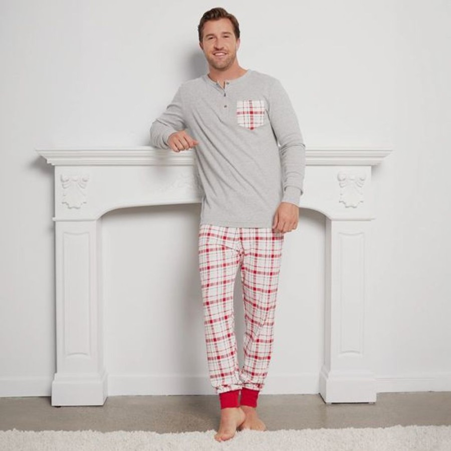 Men PETIT LEM Sleepwear & Lounge | Petit Lem- Men'S Henley Festive Plaid Pajama Set Heather Grey