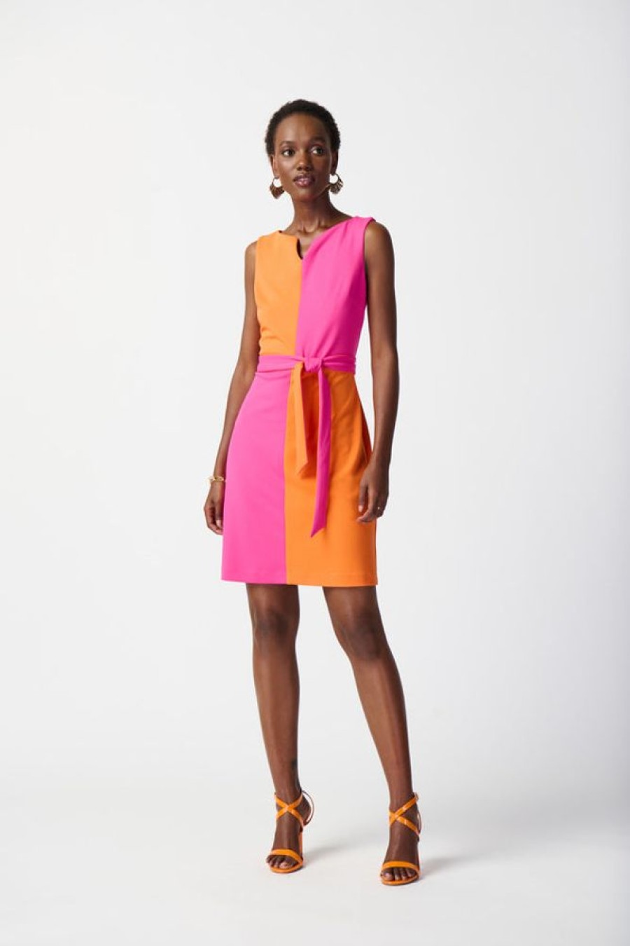 Women JOSEPH RIBKOFF Dresses | Joseph Ribkoff- Colour-Blocked Belted Dress Pink-Mandarin