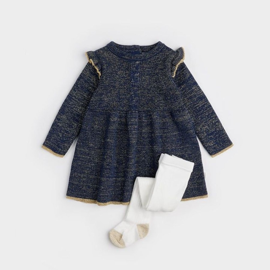 Kid PETIT LEM Sets | Petit Lem- Baby Golden Stars Blue Sweater Knit Dress Set Navy