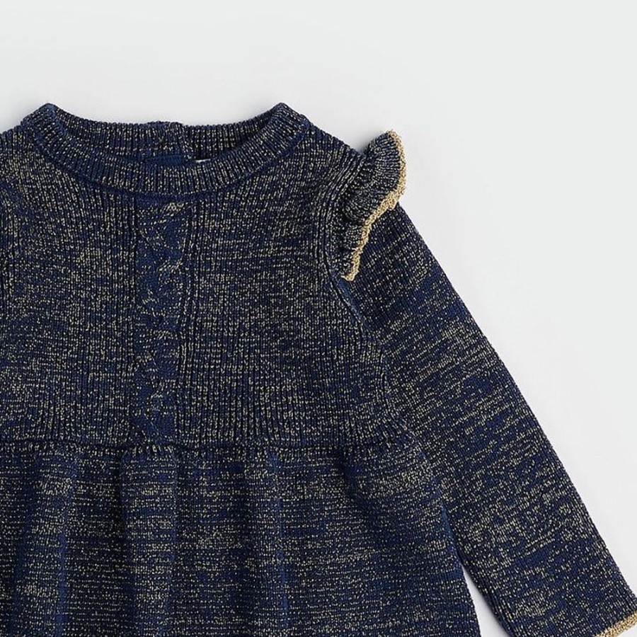 Kid PETIT LEM Sets | Petit Lem- Baby Golden Stars Blue Sweater Knit Dress Set Navy