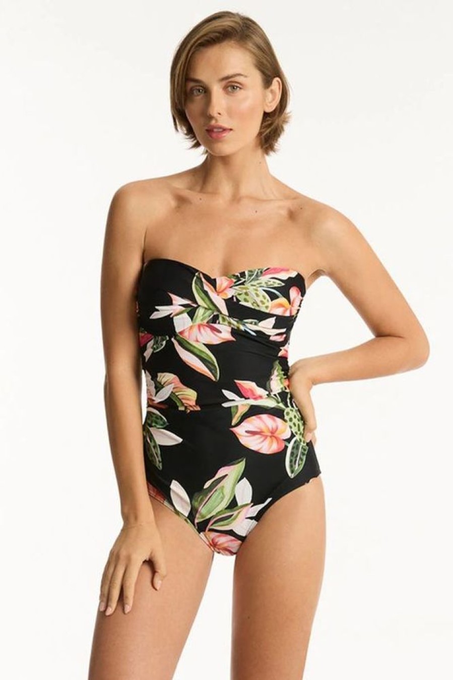 Women SEA LEVEL One Piece | Sea Level- Ladies Sundown Twist Bandeau One Piece Black Floral