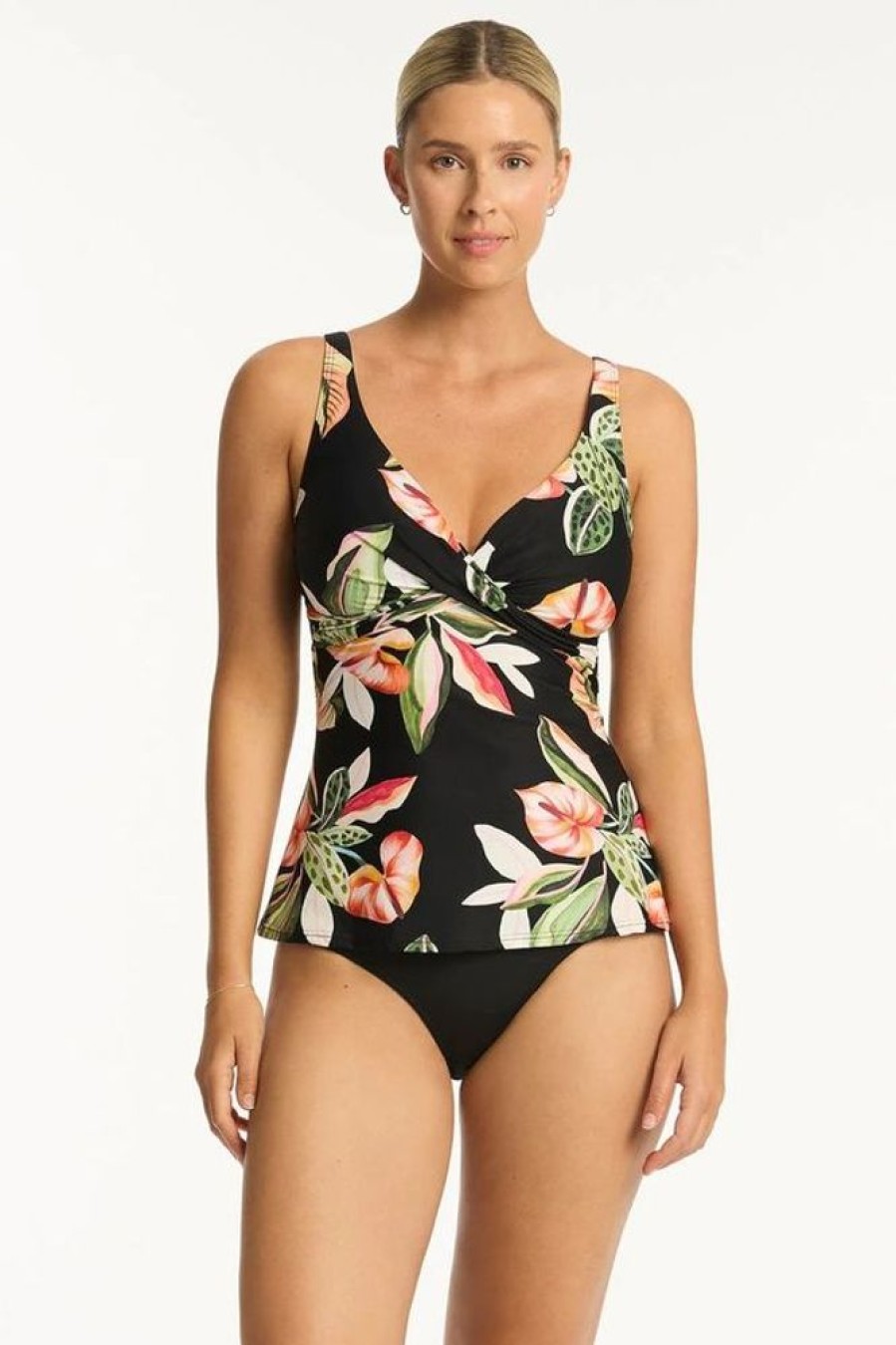 Women SEA LEVEL Tankinis | Sea Level- Ladies Sundown Cross Front Swing Tankini Black Floral