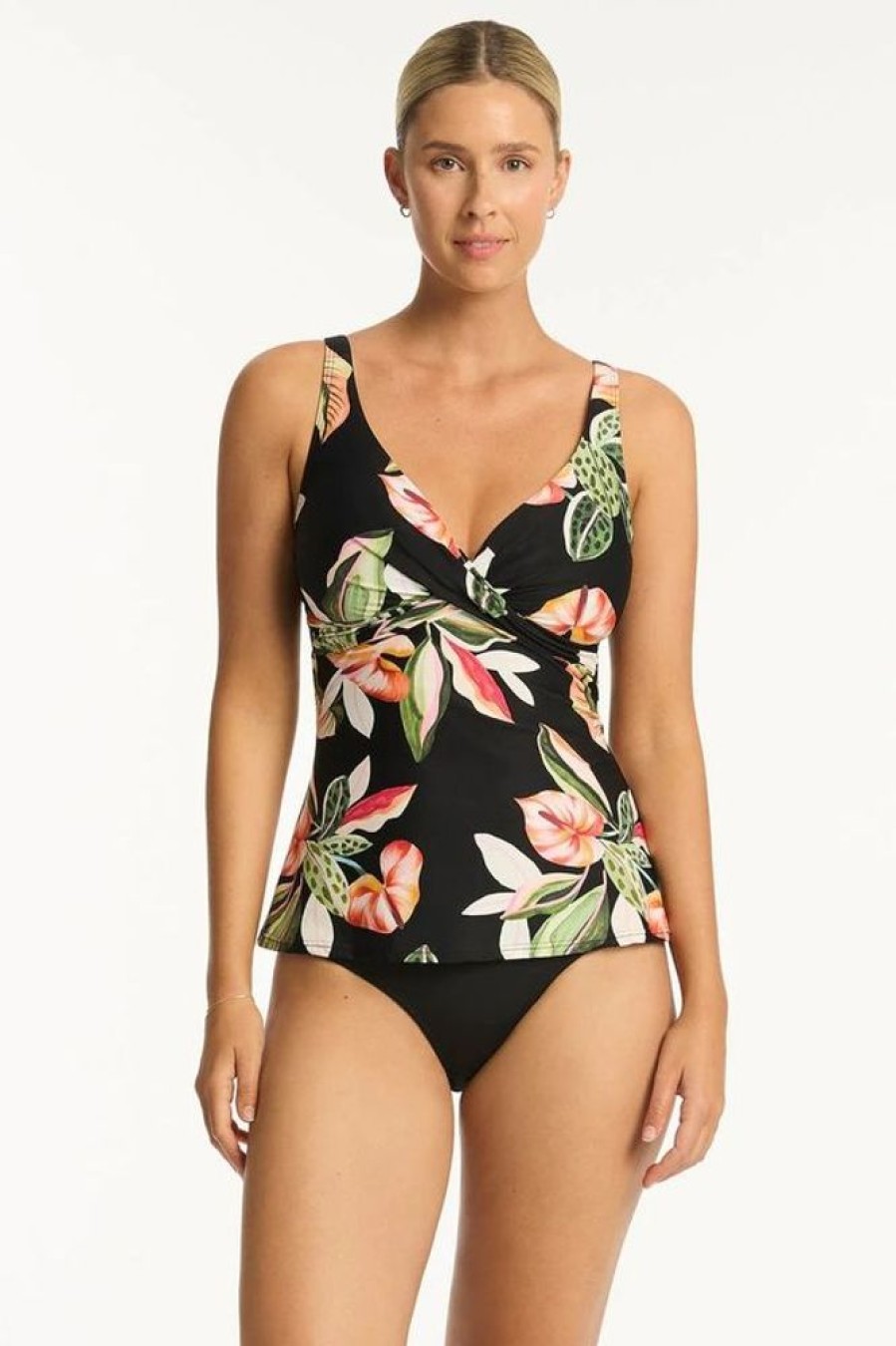 Women SEA LEVEL Tops | Sea Level- Ladies Sundown Cross Front Swing Tankini Black Floral