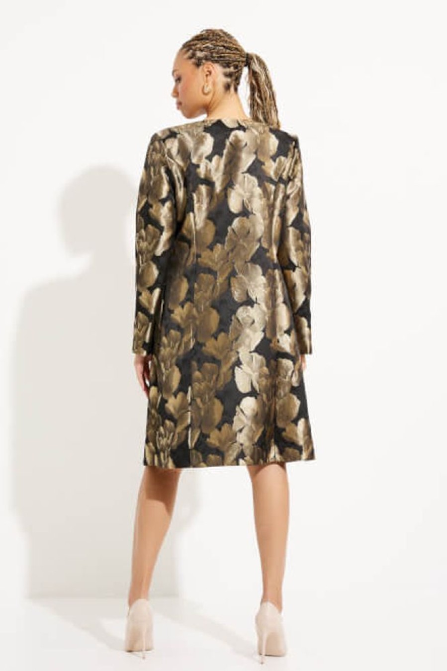 Women JOSEPH RIBKOFF Coats & Jackets | Joseph Ribkoff- Foil Leaf Open Front Coat Black-Bronze