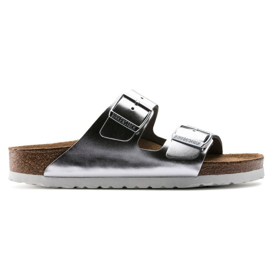 Women BIRKENSTOCK Casual Footwear | Birkenstock- Arizona Soft Footbed Leather Sandal Metallic Silver