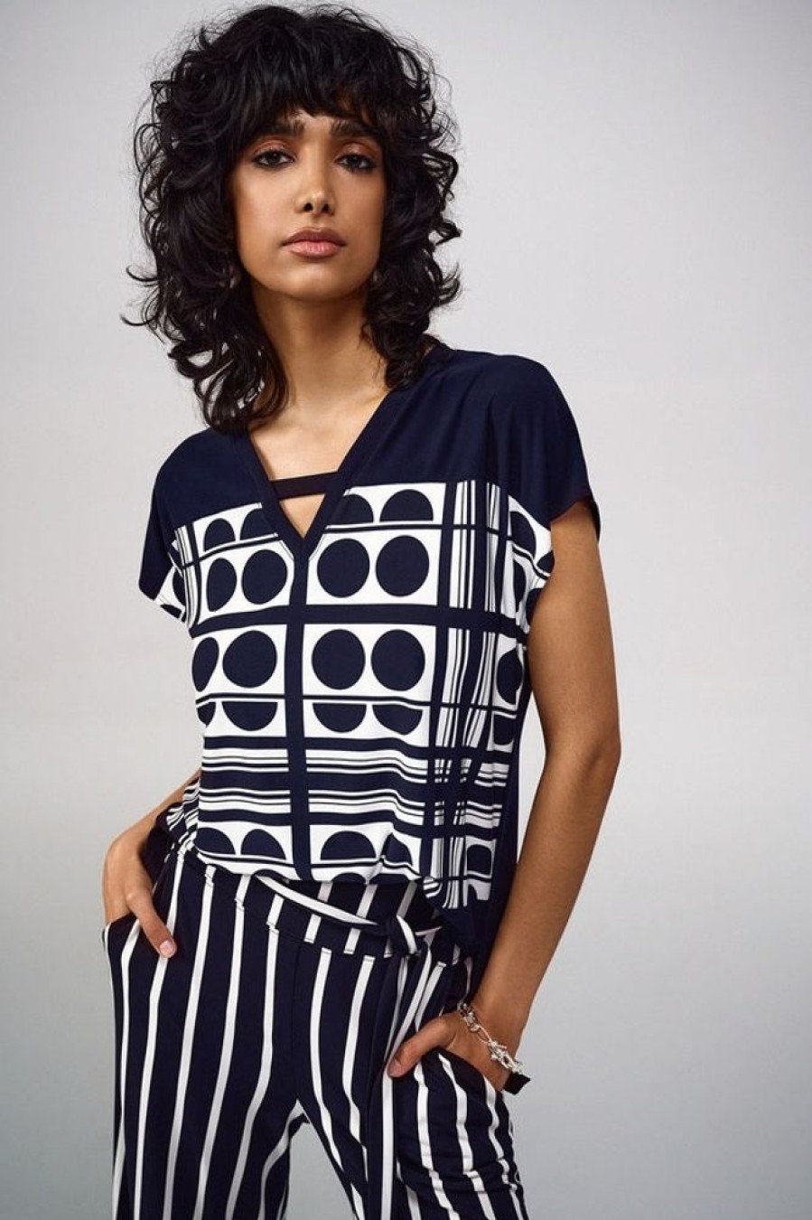 Women JOSEPH RIBKOFF Tops | Joseph Ribkoff- Geometric Two-Tone Top Vanilla-Midnight