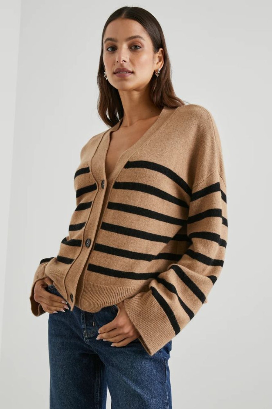 Women RAILS Tops | Rails- Geneva Cardigan Camel Black Stripe