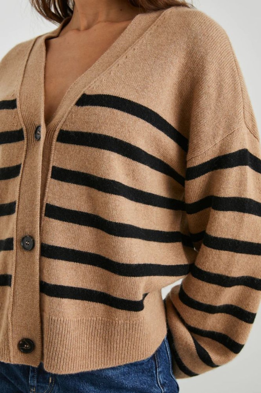 Women RAILS Tops | Rails- Geneva Cardigan Camel Black Stripe