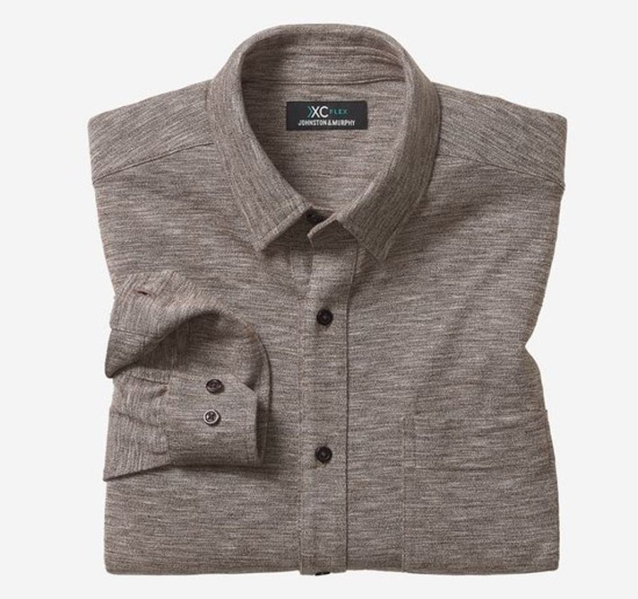 Men JOHNSTON & MURPHY Tops | Johnston & Murphy- Men'S Xc Flex® Stretch Textured Long-Sleeve Shirt Dark Brown