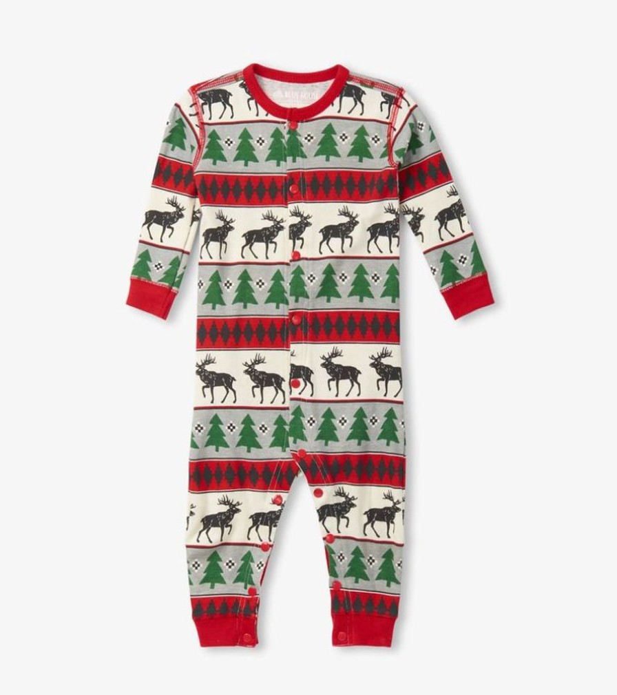 Kid HATLEY Sleepwear | Hatley- Baby Elk Fair Isle Onesie Stripes