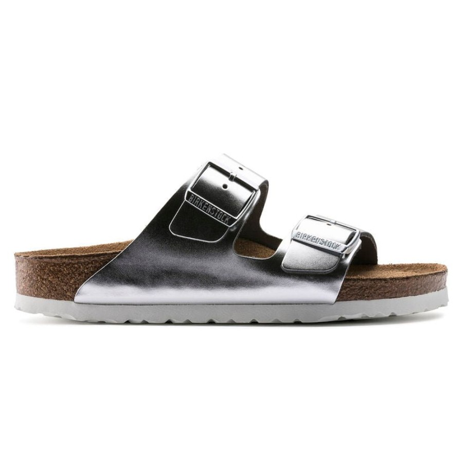 Women BIRKENSTOCK Sandals | Birkenstock- Arizona Soft Footbed Leather Sandal Metallic Silver