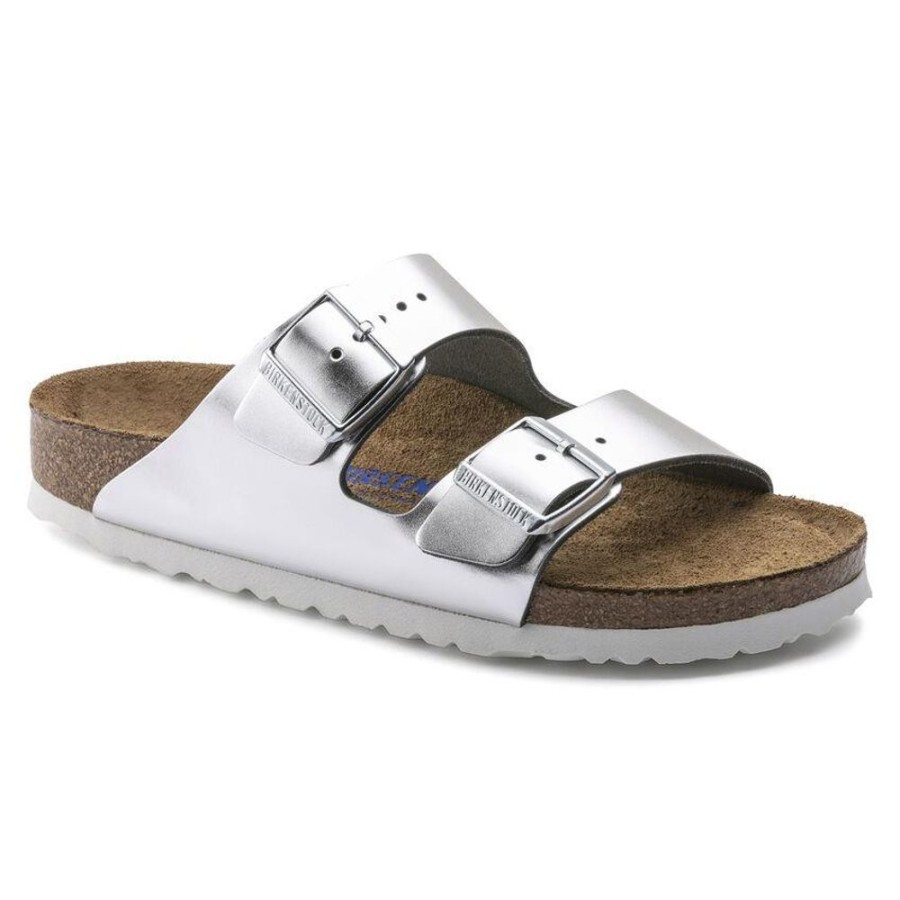 Women BIRKENSTOCK Sandals | Birkenstock- Arizona Soft Footbed Leather Sandal Metallic Silver