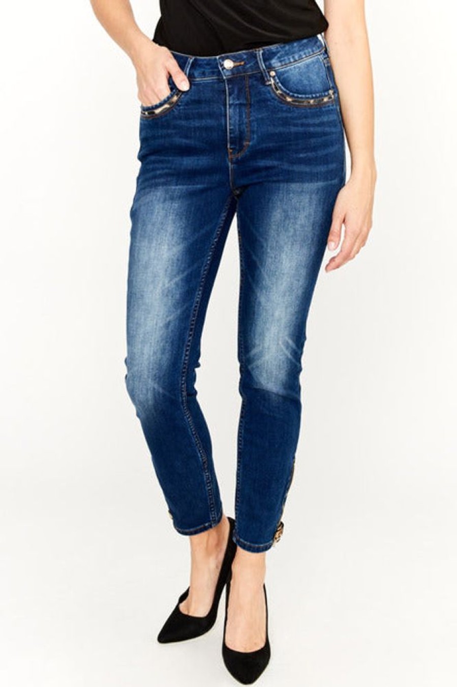 Women FRANK LYMAN Bottoms | Frank Lyman- Leopard Detail High Rise Jeans Blue