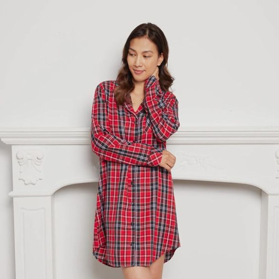 Women PETIT LEM Sleepwear & Lounge | Petit Lem- Ladies Scarlet Tartan Plaid Flannel Night Gown Red