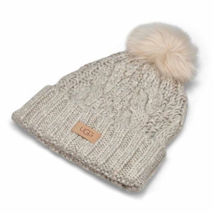 Women UGGS Hats | Ugg- Women'S Knit Cable Beanie Faux Fur Pom