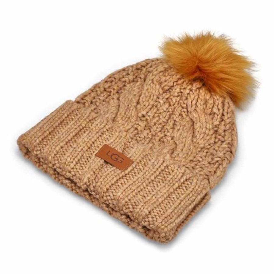 Women UGGS Hats | Ugg- Women'S Knit Cable Beanie Faux Fur Pom