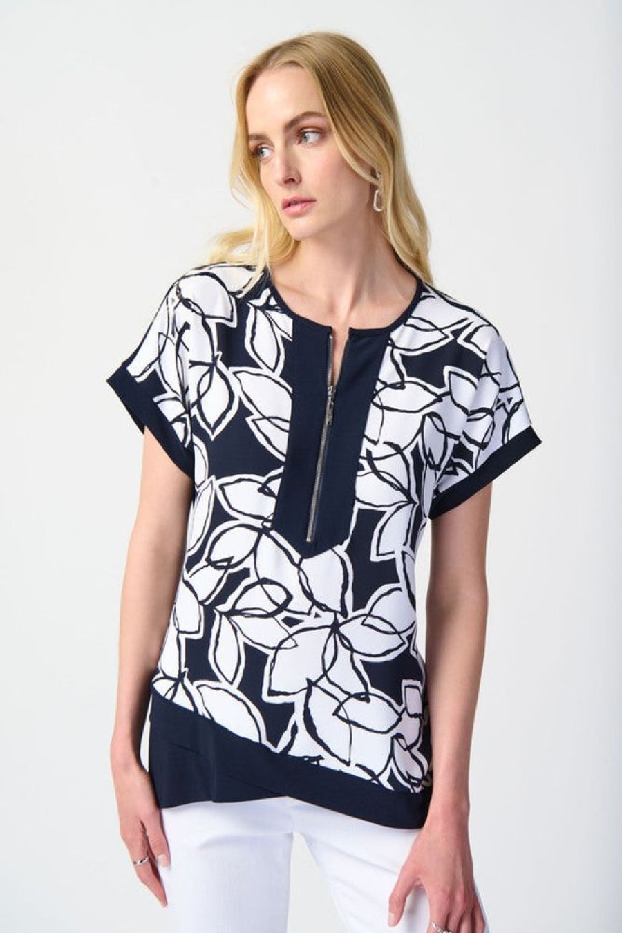 Women JOSEPH RIBKOFF Tops | Joseph Ribkoff- Zip Front Printed Top Midnight Blue