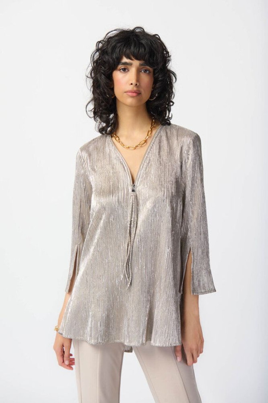 Women JOSEPH RIBKOFF Tops | Joseph Ribkoff- Shiny Texture Zip Front Tunic Champagne