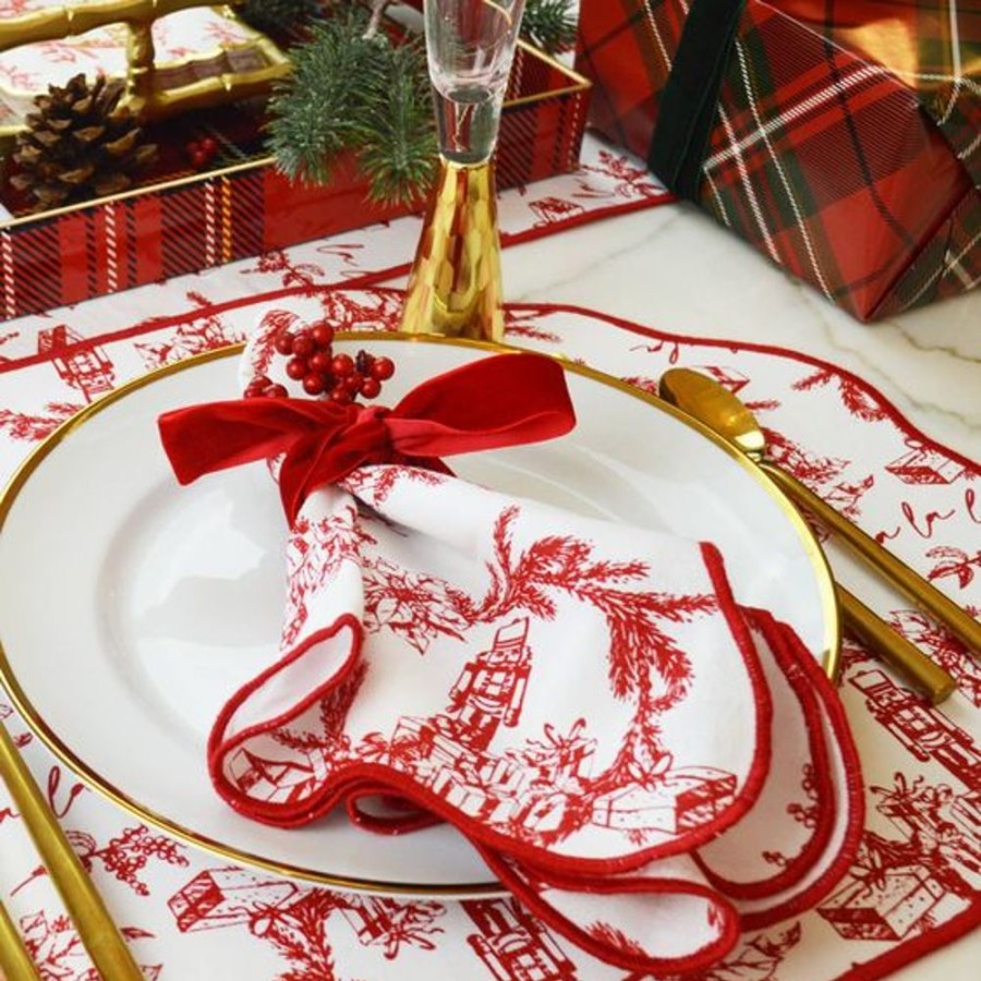 Cottage Kitchen 8 OAK LANE Decor | 8 Oak Lane- Holiday Red Toile Scalloped Napkins