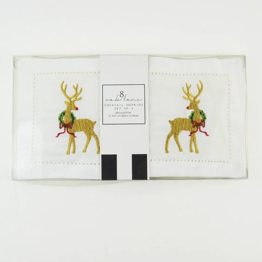 Cottage Kitchen 8 OAK LANE Napkins | 8 Oak Lane- Reindeer Embroided Cocktail Napkin