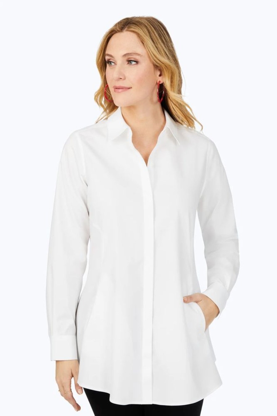 Women FOXCROFT Tops | Foxcroft- Cici Essential Pinpoint Non-Iron Tunic White