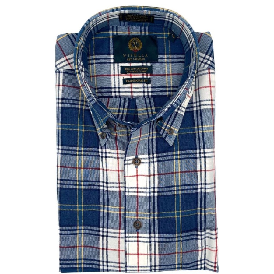 Men VIYELLA Tops | Viyella- Men'S Cotton And Wool Blend Button-Down Shirt Denim