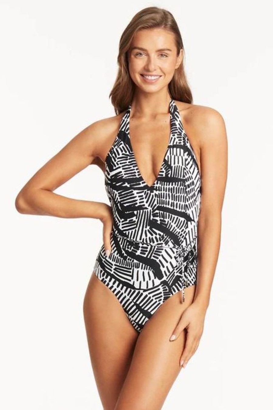 Women SEA LEVEL One Piece | Sea Level- Ladies Pampas V Neck Halter One Piece Black