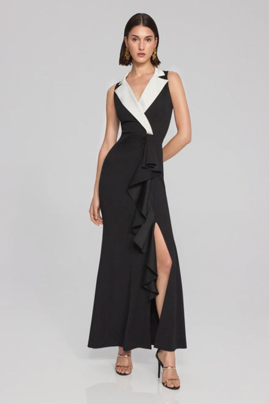 Women JOSEPH RIBKOFF Dresses | Joseph Ribkoff- Ruffle Front Slit Dress Black-Offwhite