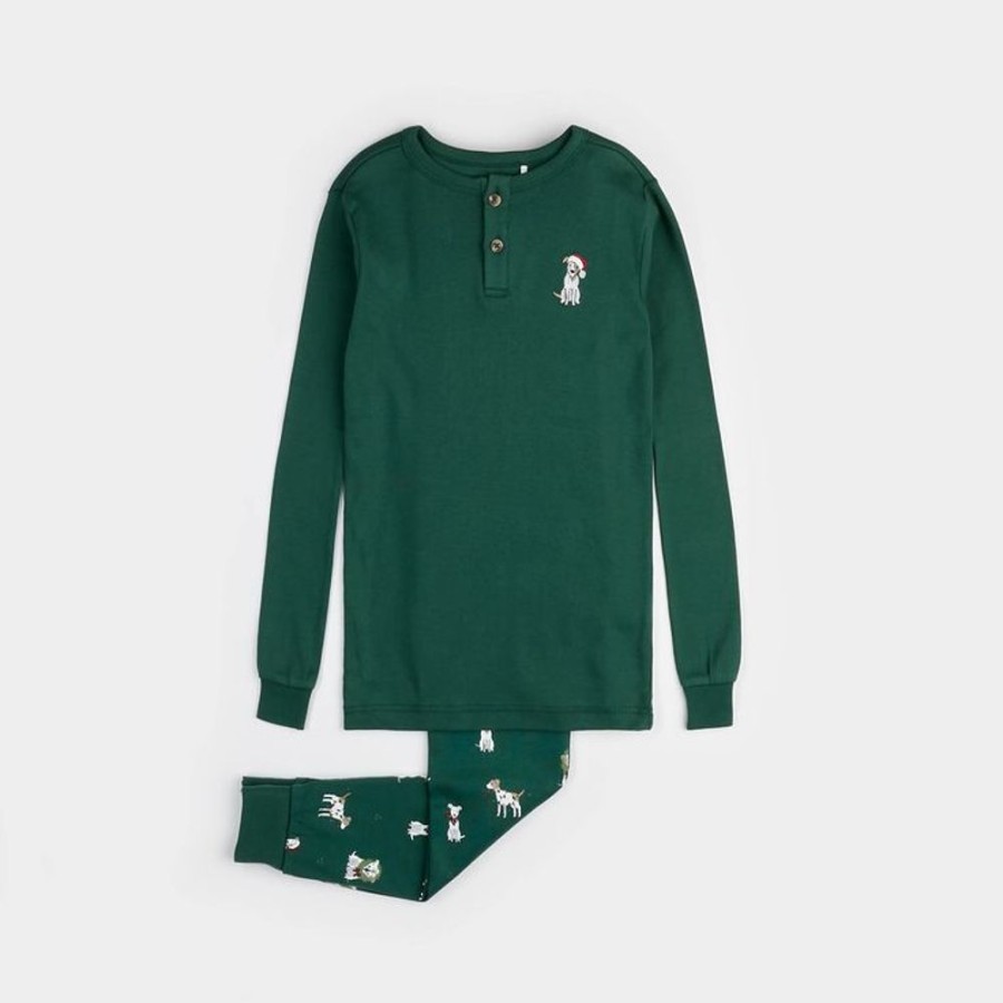 Kid PETIT LEM Sleepwear | Petit Lem- Big Kids Jack Frost Russell Print Pajama Set Dark Green